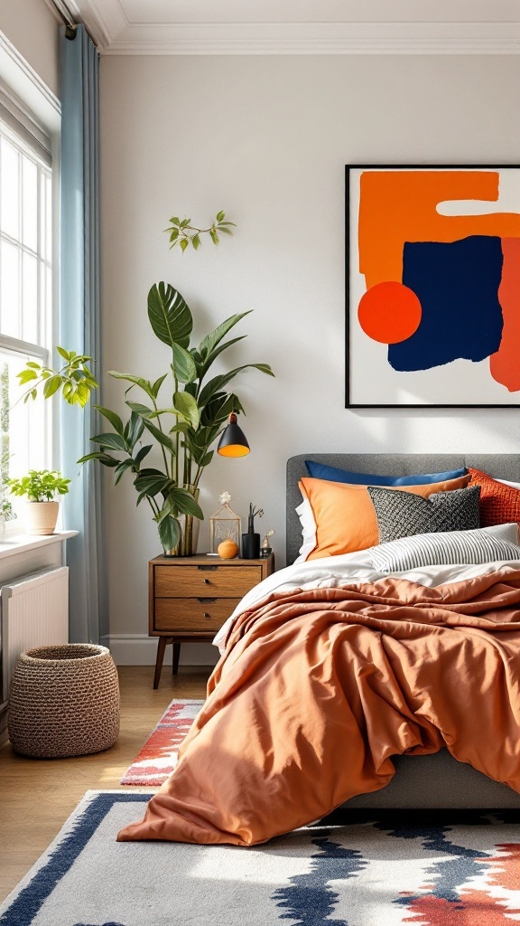 A modern bedroom with bold color accents, featuring orange bedding, blue pillows, and colorful wall art.