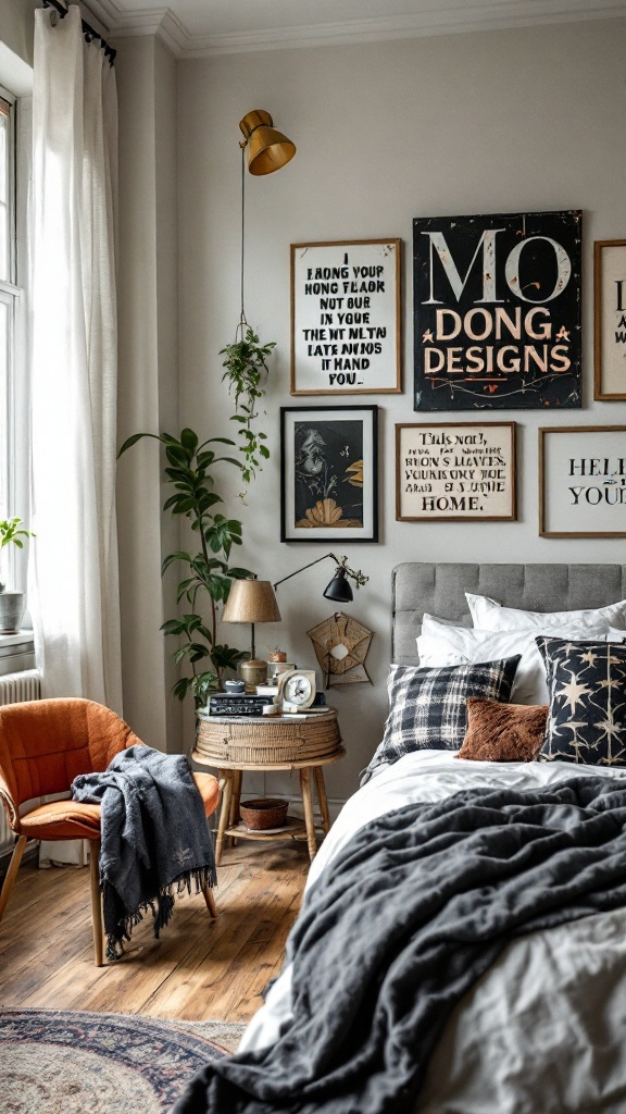 A cozy modern bedroom featuring eclectic decor with a mix of styles, including a comfortable bed, colorful chair, and various framed wall art.