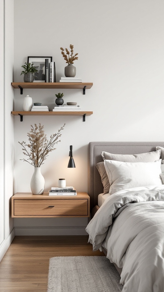 Modern bedroom with floating shelves and furniture, featuring a cozy nightstand and decorative items.