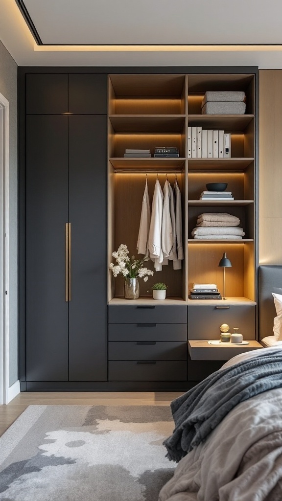 Built-in storage in a modern bedroom with dark cabinetry and warm lighting.