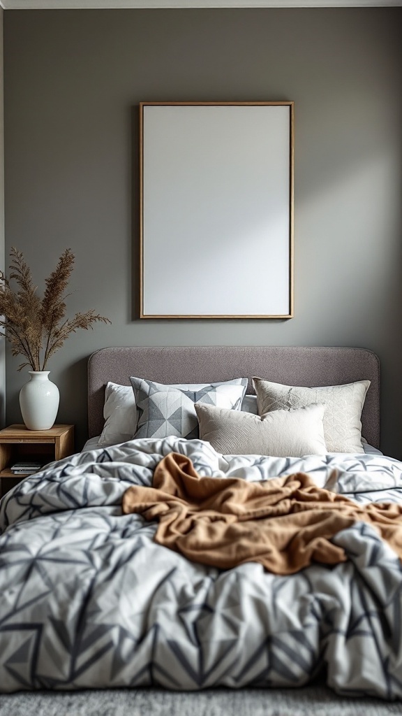 A modern bedroom featuring geometric patterned bedding, a neutral color palette, and natural decor elements.