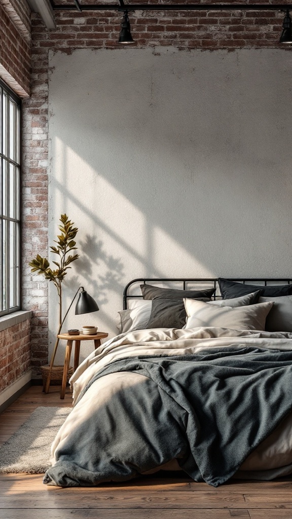 A cozy industrial chic bedroom featuring an exposed brick wall, metal bed frame, and warm wooden flooring.