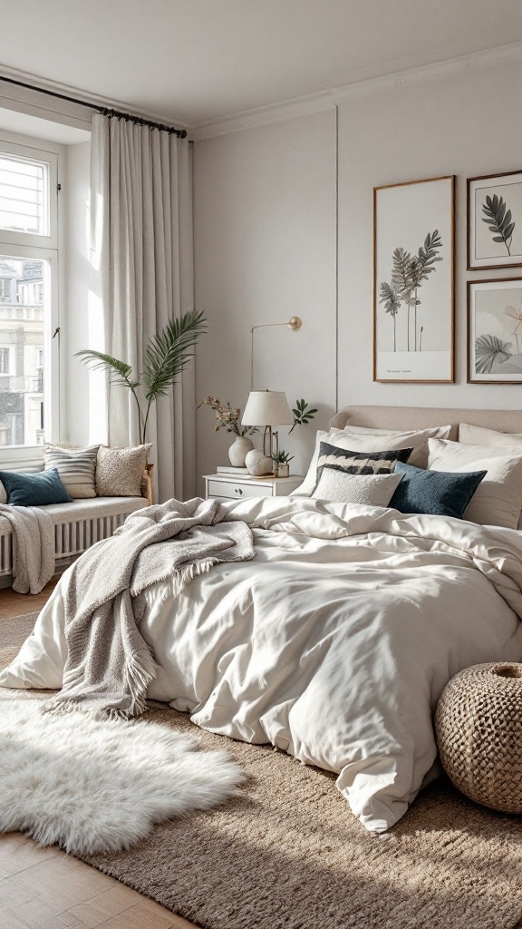 A modern bedroom with layered textures, featuring soft bedding, decorative pillows, a plush rug, and botanical wall art.