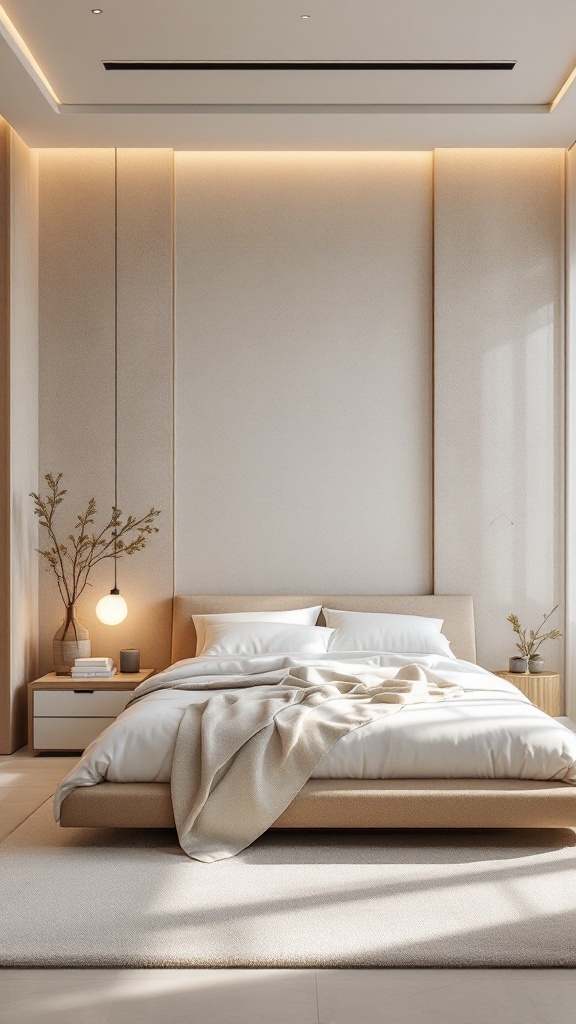 A modern bedroom featuring a soft color palette, cozy bedding, and minimalistic decor, creating a tranquil spa-like atmosphere.