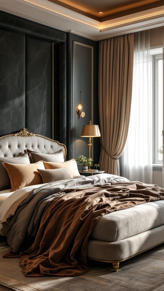 A luxurious modern bedroom featuring a plush bed with layered bedding and decorative pillows against a stylish backdrop.