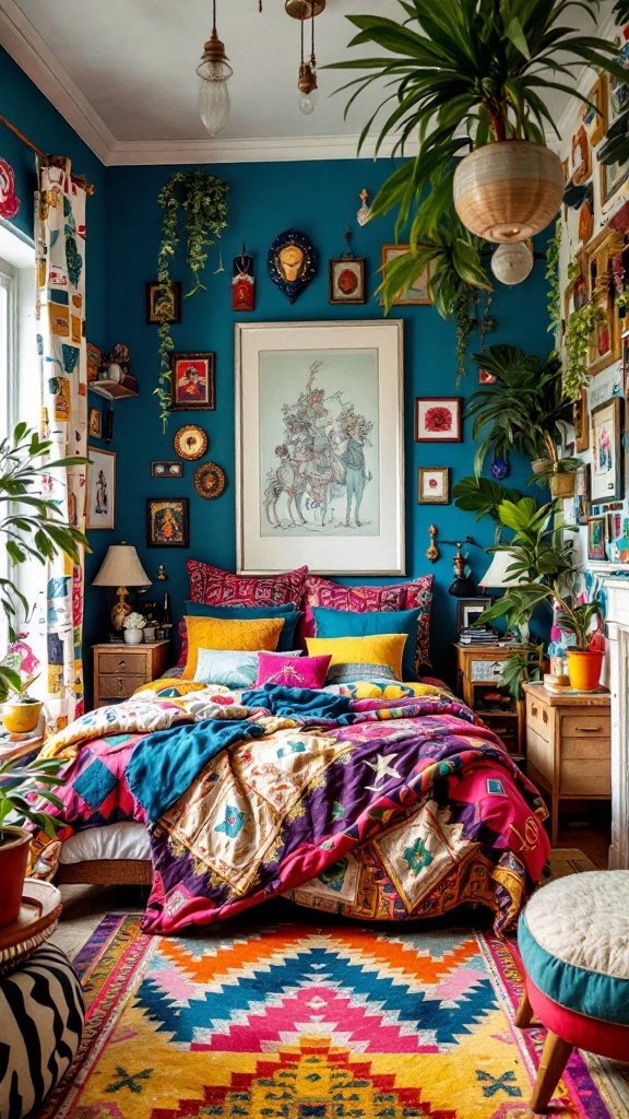 A vibrant and colorful maximalist bedroom design with teal walls, a cozy bed with patterned quilts, and various decorative elements.