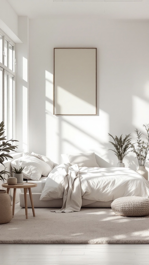 A modern minimalist bedroom featuring a cozy bed, natural light, and a few plants.