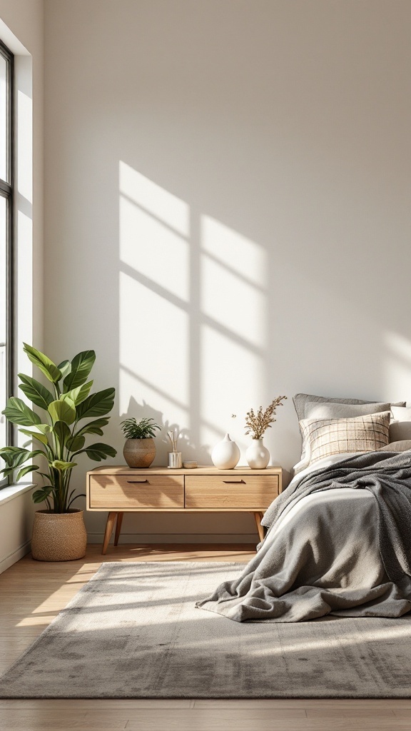 A modern bedroom featuring nature-inspired decor with natural light, plants, and soft colors.