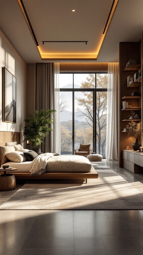 Modern bedroom with open concept layout featuring large windows, a cozy seating area, and neutral color tones.