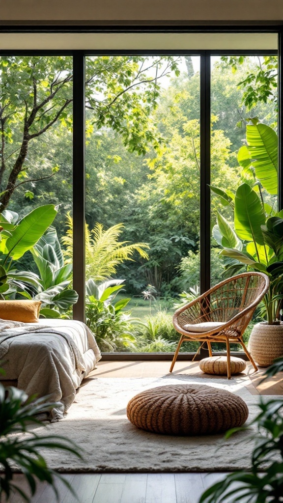 A modern bedroom with large windows revealing a green outdoor space, featuring a cozy bed, a woven chair, and lush plants.