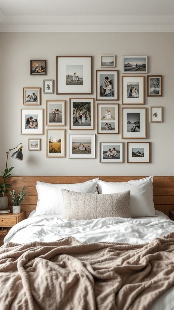 A modern bedroom featuring a personalized gallery wall with various framed photos above a neatly made bed.