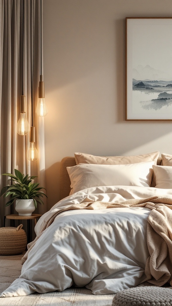 A serene modern bedroom with soft bedding, warm lighting, and a plant.