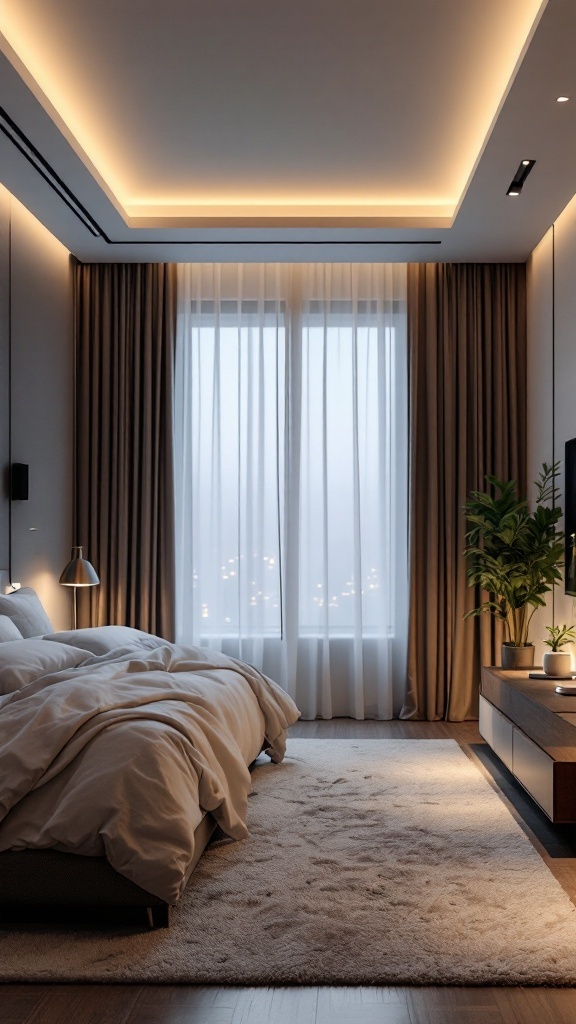 A modern bedroom with soft lighting, large windows, and smart technology features.