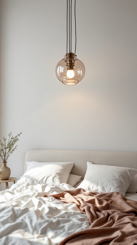 A modern bedroom with a stylish hanging light over the bed, featuring soft bedding and a cozy atmosphere.