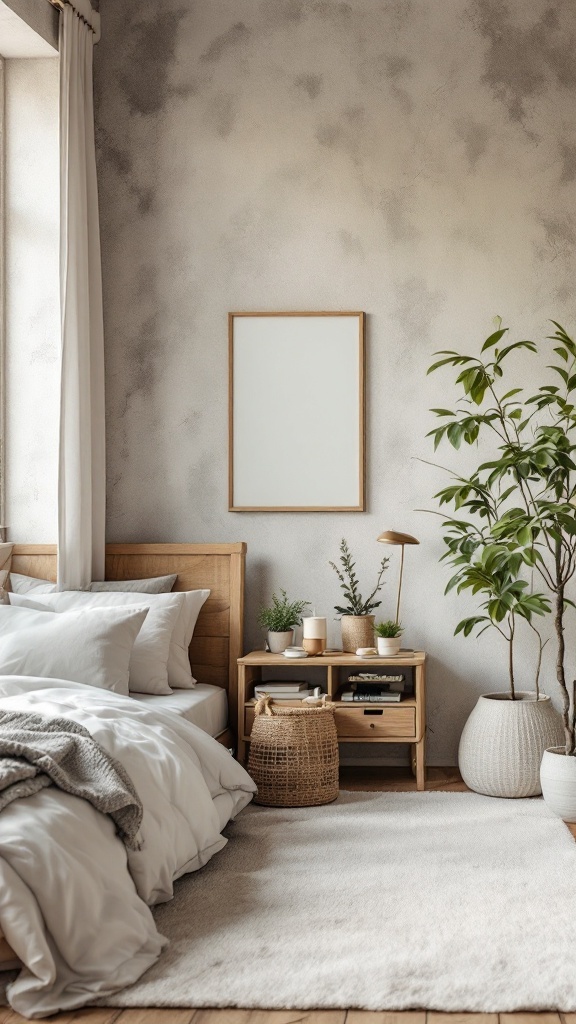 A modern bedroom with a wooden bed, soft bedding, plants, and natural decor elements.