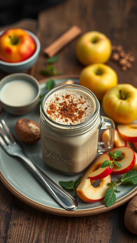 A refreshing apple cinnamon smoothie served in a glass with apples and cinnamon sticks.