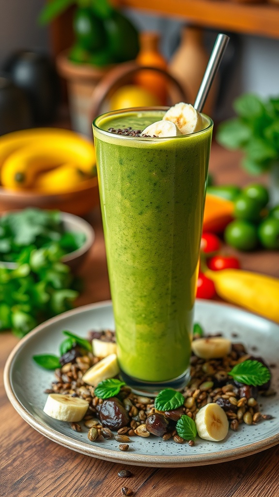 A green avocado smoothie in a tall glass, garnished with banana slices, surrounded by fresh ingredients.