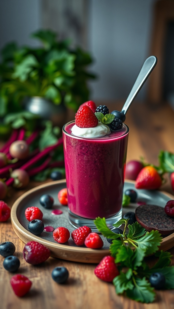 Colorful beet and berry smoothie served with fresh berries and Greek yogurt.