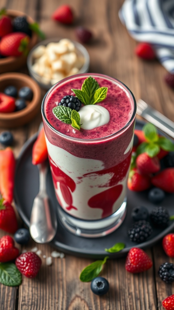 A delicious berry antioxidant smoothie made with mixed berries, Greek yogurt, and almond milk, topped with mint.