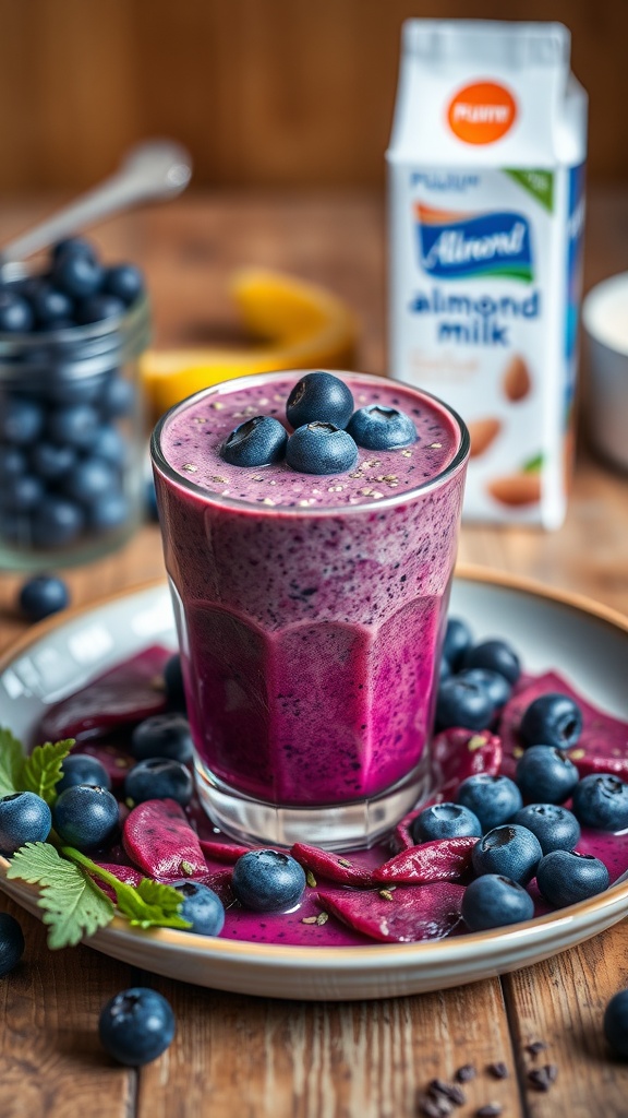 Blueberry chia smoothie in a glass topped with fresh blueberries
