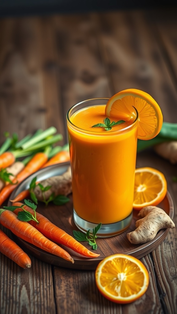 Carrot ginger smoothie in a glass with carrots and ginger around it