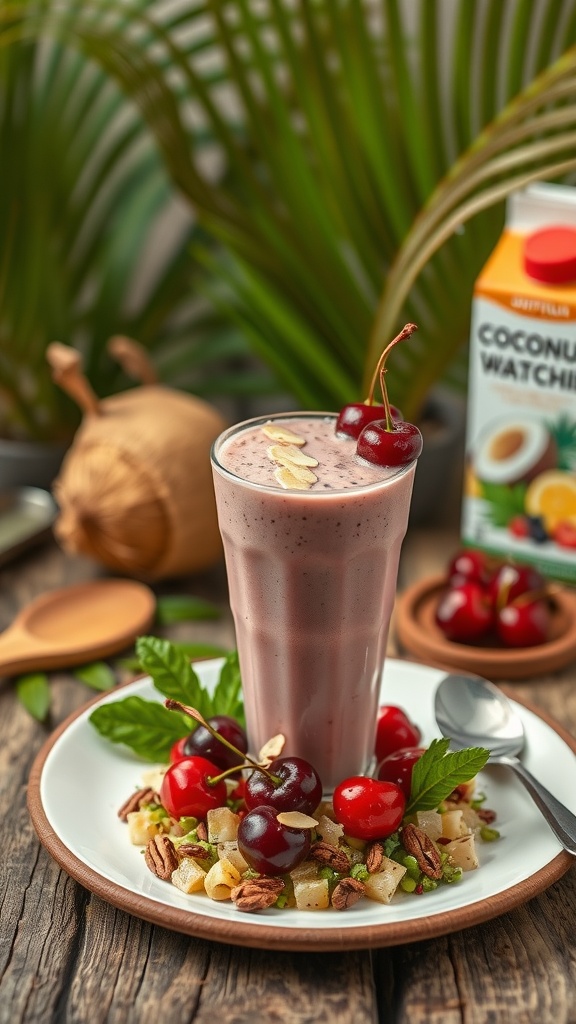 A refreshing cherry almond smoothie served in a tall glass with cherries and nuts on the side.
