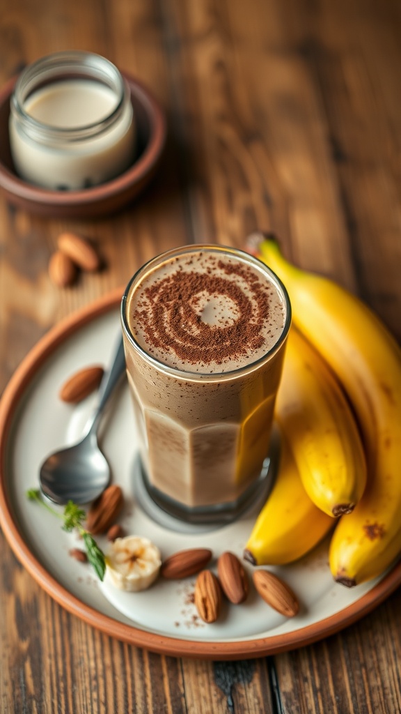 A delicious Chocolate Banana Smoothie served in a glass with bananas and almonds on the side.