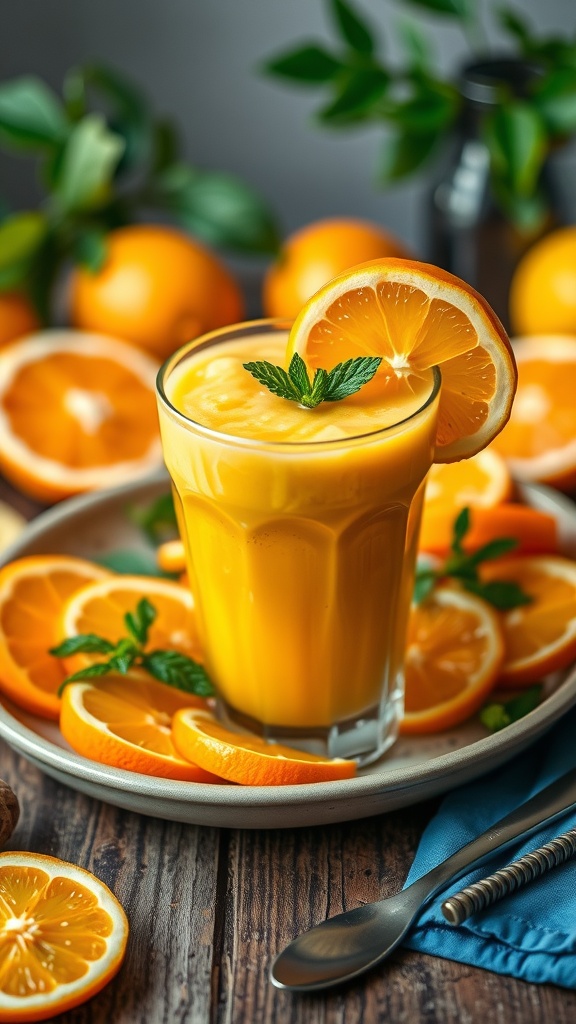 A refreshing Citrus Sunshine Smoothie made with oranges, lemon juice, and Greek yogurt, garnished with a slice of lemon.