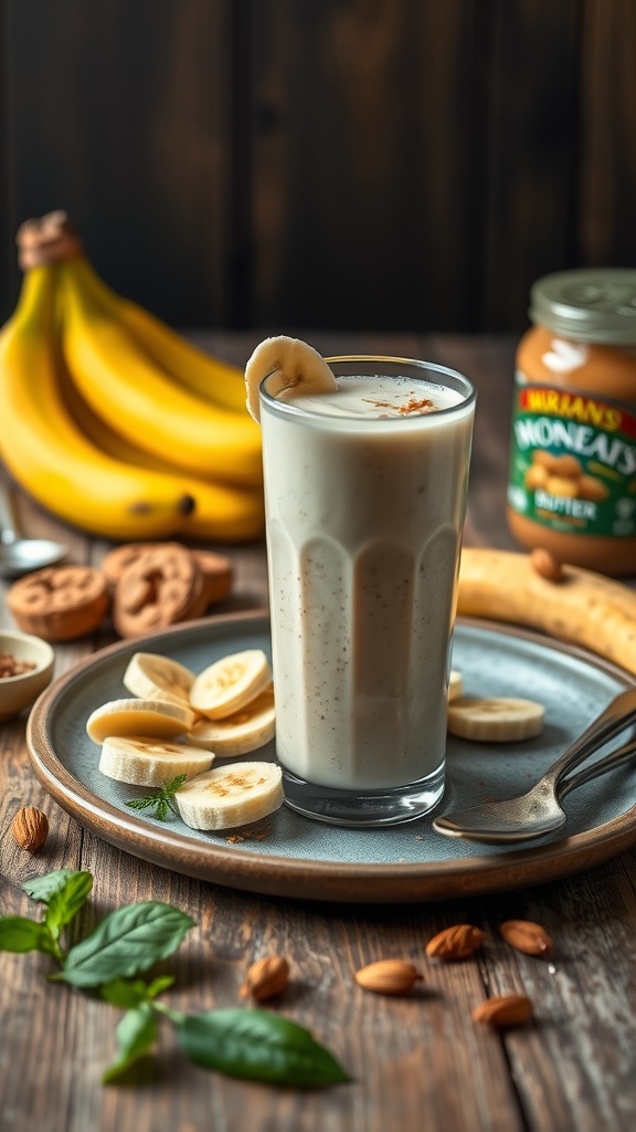 A classic banana almond smoothie with banana slices and almond butter.