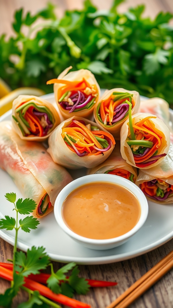 Fresh spring rolls with shredded veggies and peanut sauce on the side.
