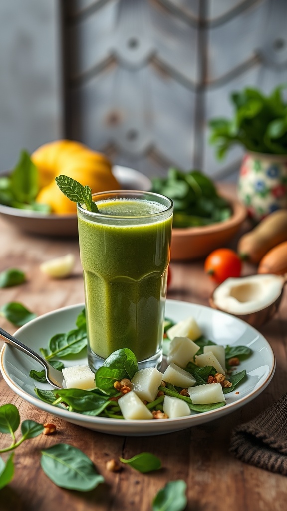 Refreshing green smoothie with spinach, green apple, and coconut water