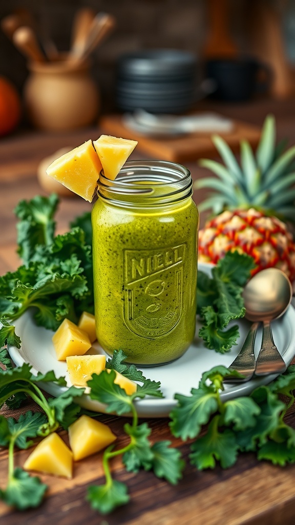 A refreshing kale and pineapple smoothie in a jar, garnished with pineapple chunks.