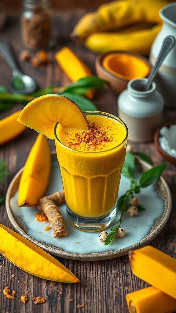 A refreshing mango turmeric smoothie served in a glass, garnished with a slice of mango.