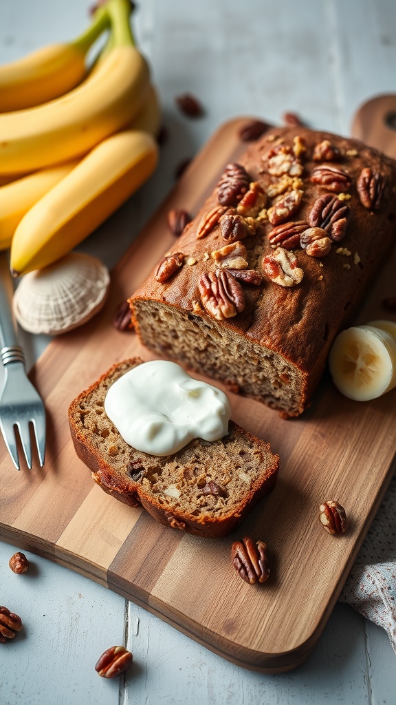 A loaf of nutty Greek yogurt banana bread topped with walnuts and served with a dollop of yogurt.