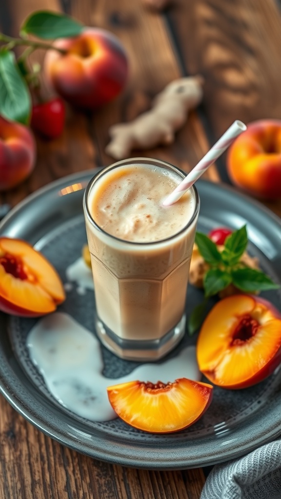 A delicious peach and ginger smoothie in a glass with fresh peach slices and ginger root beside it.