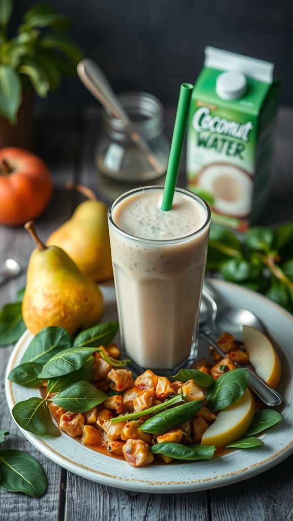 A refreshing pear and spinach smoothie with coconut water, garnished with fresh spinach and pears.