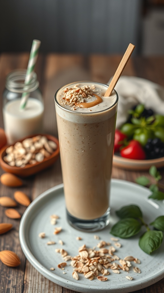 A protein-packed oat smoothie in a glass, topped with oats and served with a side of almonds.