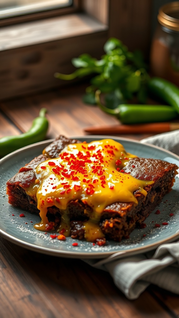 Delicious Spicy Mexican Cheese Brownies topped with melted cheese and red pepper flakes.