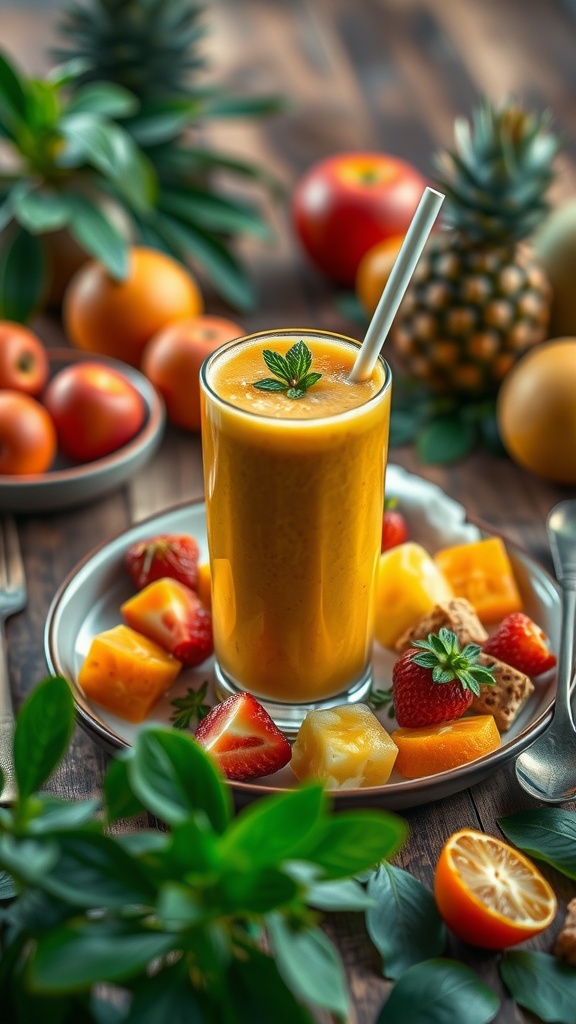 A vibrant tropical smoothie made with mango, pineapple, and orange juice, garnished with mint, surrounded by fresh fruits.