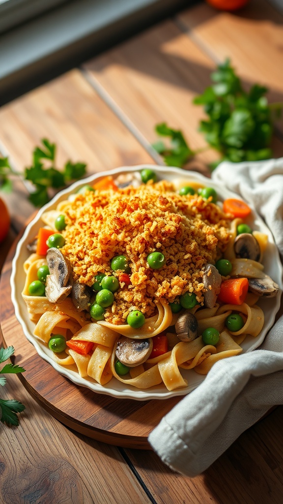 A delicious vegetable-loaded tuna noodle casserole with a crunchy topping.