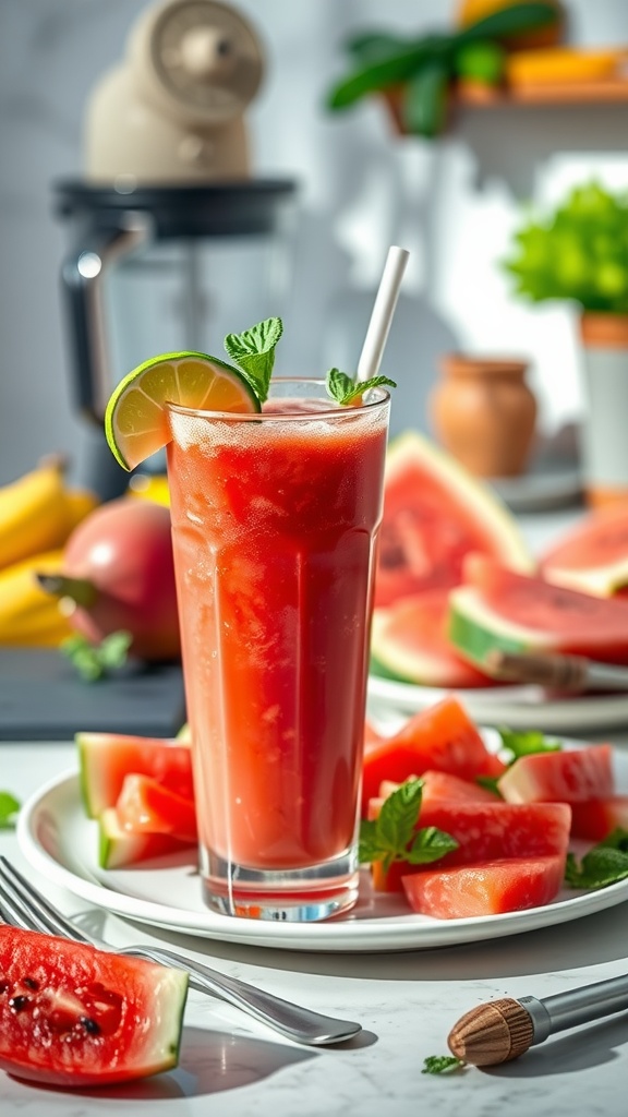 A refreshing watermelon smoothie garnished with mint leaves and lime, served in a tall glass.