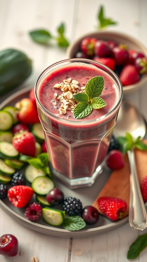 A refreshing Zucchini Berry Smoothie with mixed berries, oat milk, and garnished with mint.