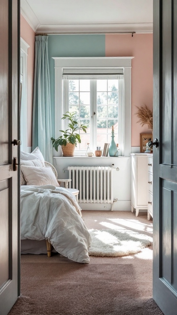 A small bedroom with pastel colored walls, white bedding, and a plant by the window.