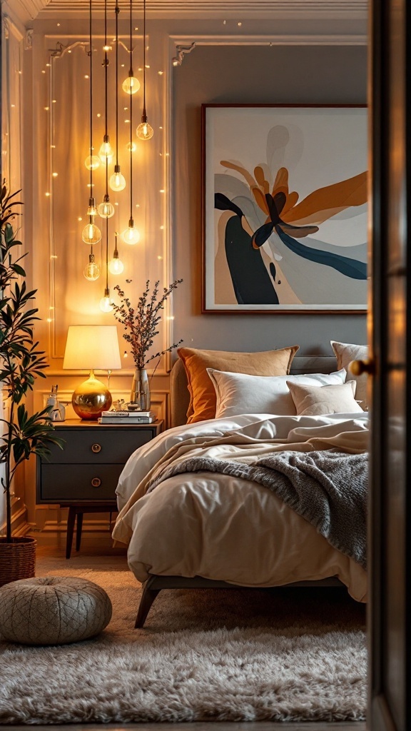 A cozy small bedroom with warm lighting and light-reflective decor items.