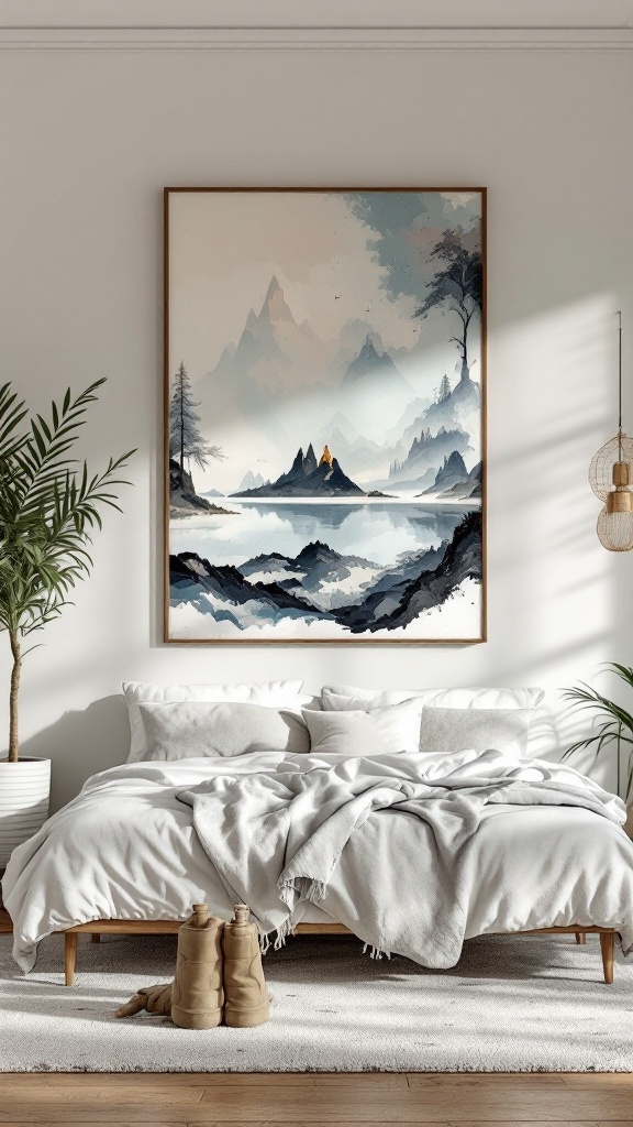 Cozy bedroom featuring a large mountain painting above the bed, with soft bedding and greenery.