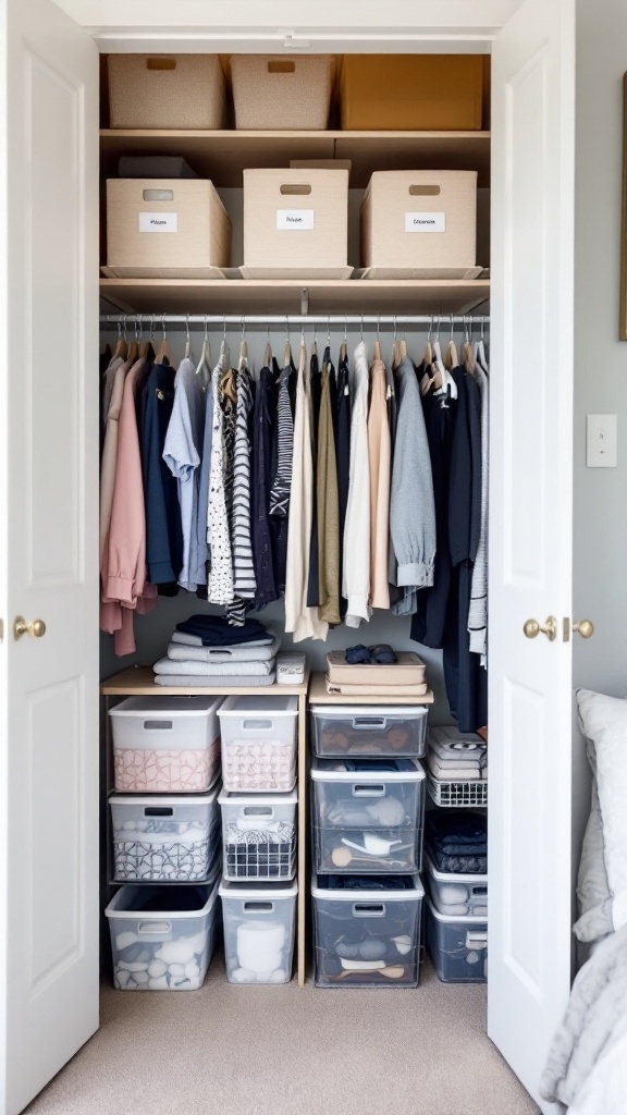 Organized closet with labeled baskets and clear storage bins