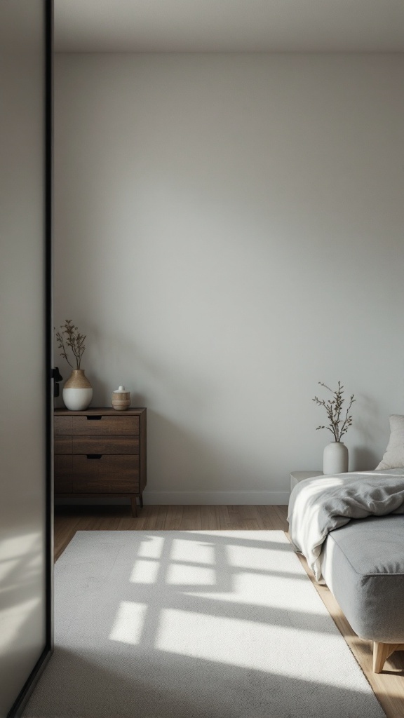 A minimalist small bedroom featuring a light color palette, a neatly organized dresser, and subtle decor elements