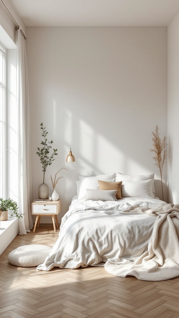 A cozy minimalistic bedroom with a bed, plants, and simple decor.