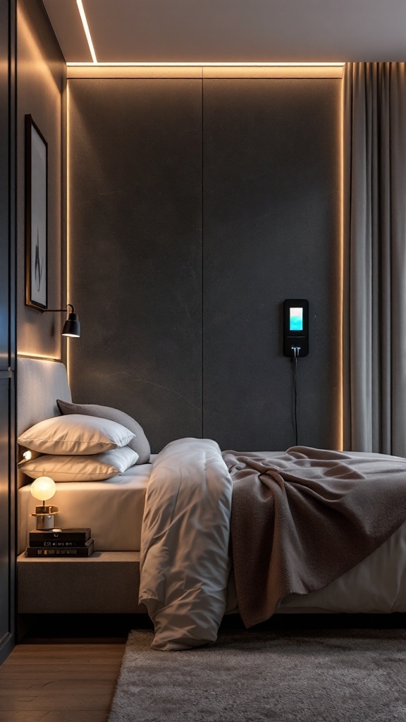 A modern small bedroom featuring smart tech, soft lighting, and an organized bedside area.