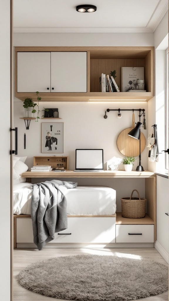 A small bedroom featuring multi-functional furniture including a bed with storage, a workspace, and shelving.